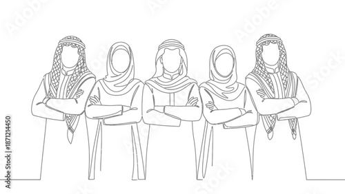 Middle Eastern Unity Line Drawing Vector Featuring Five Figures in Traditional Attire for Cultural Pride, Social Cohesion, and Identity-Themed Projects