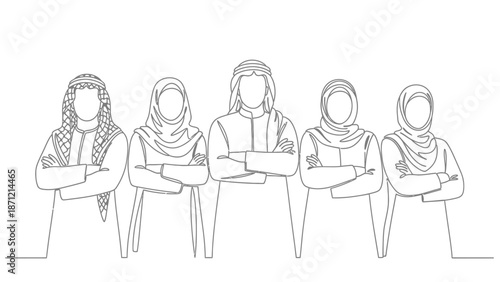 Middle Eastern Unity Line Drawing Vector Featuring Five Figures in Traditional Attire for Cultural Pride, Social Cohesion, and Identity-Themed Projects