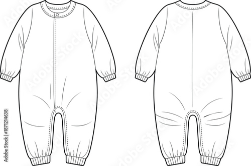 PrintBaby long sleeve jumpsuit technical flat sketch, infant romper bodysuit template, children sleepwear fashion illustration, front and back view, vector.
