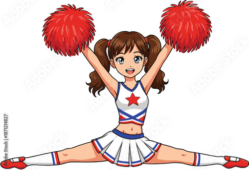 Cartoon cheerleader girl jumping, energetic dance performance, flat CAD drawing, vector illustration, sports spirit, pom-poms, athletic youth, school team design