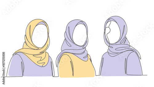 Hijab Trio Vector Illustration Featuring Pastel Colors and Faceless Figures for Modest Fashion, Cultural Diversity, and Identity-Themed Design Projects