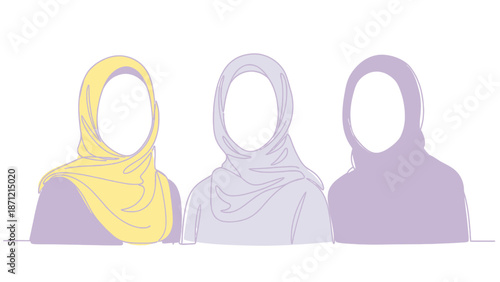 Hijab Trio Vector Illustration Featuring Pastel Colors and Faceless Figures for Modest Fashion, Cultural Diversity, and Identity-Themed Design Projects