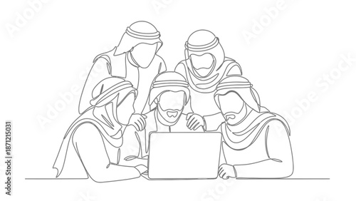 Middle Eastern Team Line Drawing Vector Featuring Traditional Attire and Laptop for Cultural Collaboration, Tech Engagement, and Faith-Based Innovation Projects