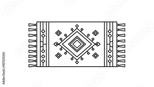 Geometric Rug Line Drawing Vector Featuring Diamond Motifs and Fringe Detailing for Cultural Textile Design, Pattern Recognition, and Minimalist Decor Projects