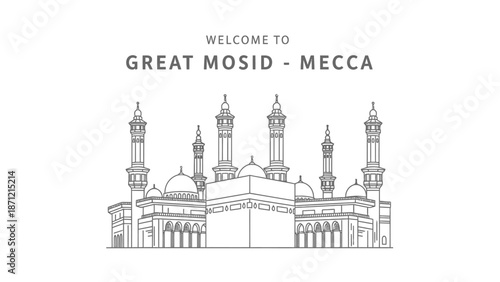 Great Mosque Mecca Vector Illustration Featuring Kaaba, Minarets, and Domes for Islamic Pilgrimage, Spiritual Decor, and Faith-Based Design Projects