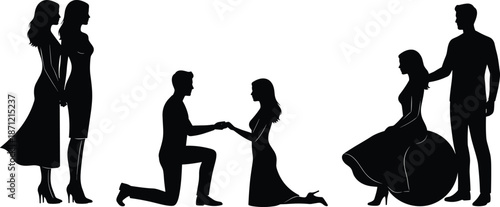 Romantic Couple Silhouette Set with Proposal, Love, and Relationship Scenes, Elegant Male and Female Figures in Black for Wedding, Engagement, and Romance Design Use