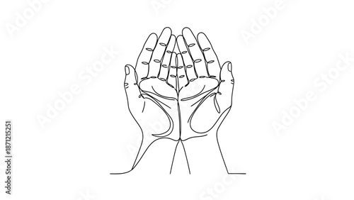 Cupped Hands Line Drawing Vector Featuring Symmetrical Prayer Gesture for Spiritual Offering, Unity, and Faith-Based Minimalist Art Projects