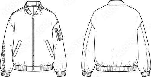 PrintTechnical fashion flat sketch of an oversized bomber jacket with utility sleeve pocket, ribbed trims, and zip front for apparel design
