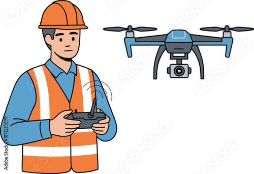 Construction worker operating drone with remote controller for inspection or surveying