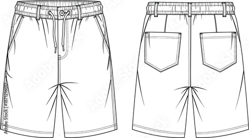 PrintTechnical flat sketch of men's casual shorts, featuring elastic drawstring waistband, front slanted pockets, back patch pockets, vector illustration template.