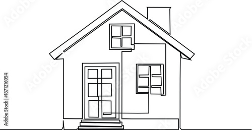 House with chimney outline drawing One continue line. art. On white background.