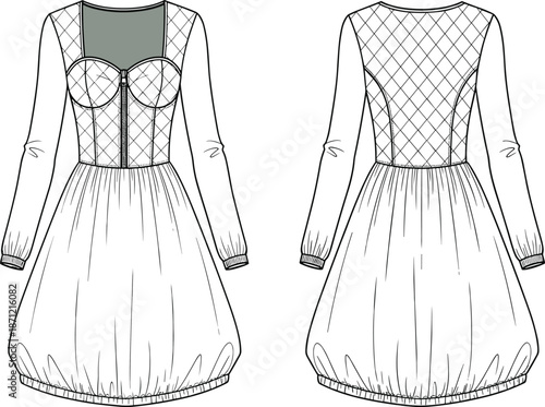 PrintTechnical flat sketch of women's long sleeve bubble dress, featuring quilted corset bodice, front zipper, sweetheart neckline, front back views.