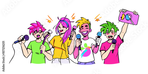 A group of young content creators holding microphones and ring lights, doodle style. Energetic expressions, bright dyed hair, and trendy streetwear. Saturated pink and lime green palette. Hand-drawn 