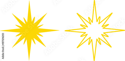 Star icon set in flat and line style, sparkle and shooting star symbols with silhouette and outline shapes, minimal celestial vector illustration collection