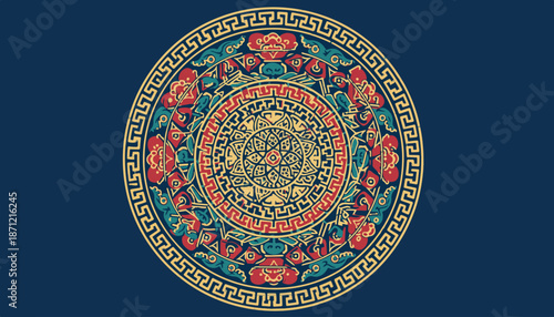Intricate Tibetan Mandala with Auspicious Symbols and Vibrant Colors.