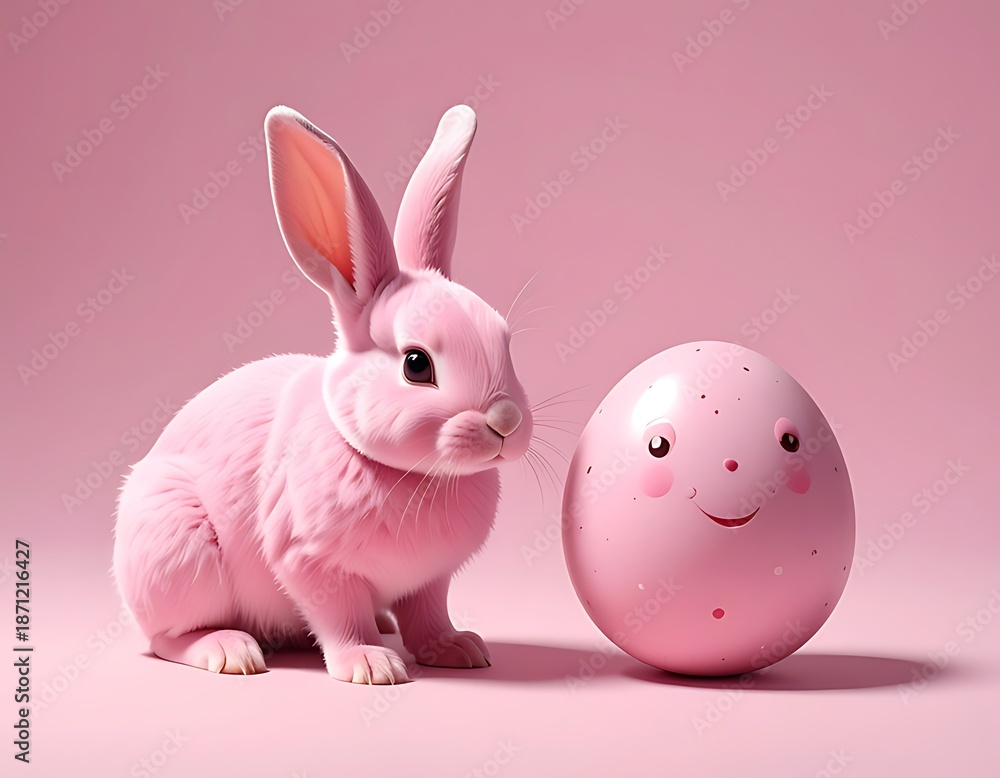 Fototapeta premium Pink Easter Bunny and Egg with Smiling Face.