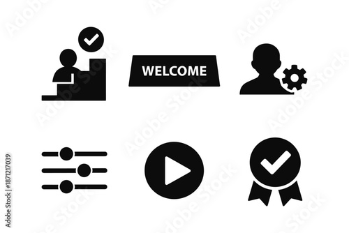 Simple business icons set: user settings, welcome sign, controls