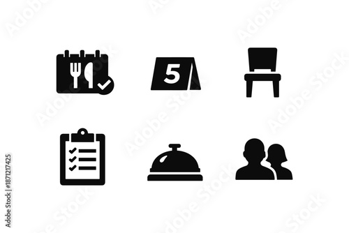Restaurant icons: reservation, table number, seating, order list, bell, customers