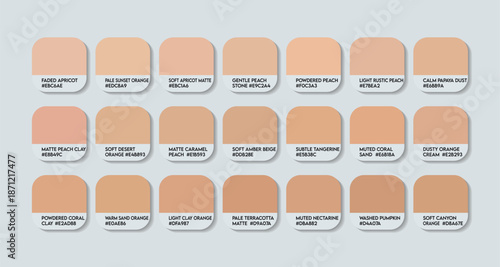 Matte Light Orange Color Guide Palette with Color Names. Catalog Samples Matte Orange with RGB HEX codes and Names. Matte Orange Clothing Colors Palette Vector, Matte Light Orange Paint Color Palette