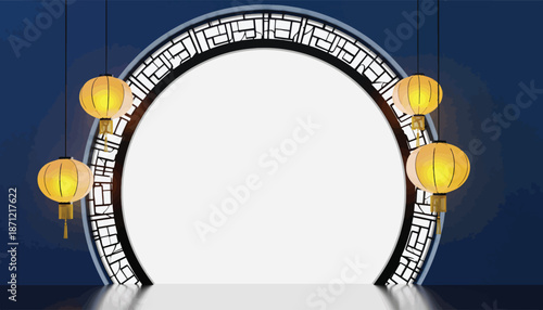 Traditional Chinese moon gate with hanging golden lanterns.