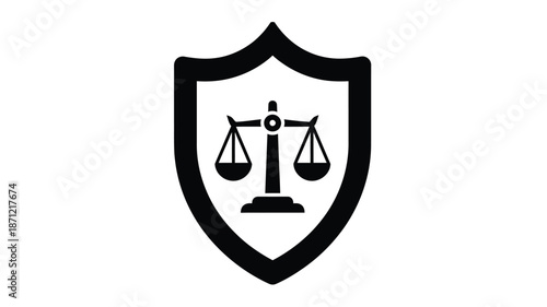 A black shield icon featuring scales of justice symbolizing legal protection and fairness