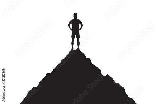 Triumphant silhouette of an individual on a mountain peak, representing the journey of aspiration, overcoming challenges, and achieving ultimate success