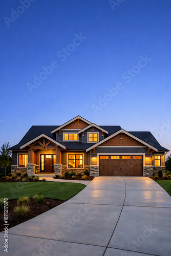 Beautiful modern house with illuminated windows at dusk