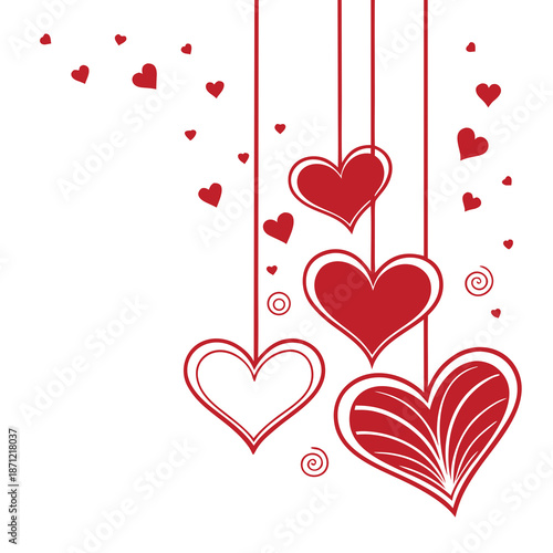 A festive, romantic design featuring four large hanging hearts three red with white outlines and one white with a red outline surrounded by scattered small red hearts and playful spirals.