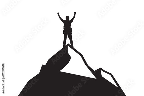 Silhouette of a triumphant climber reaching the summit of a mountain, symbolizing success, ambition, and overcoming challenges, set against a pristine white background