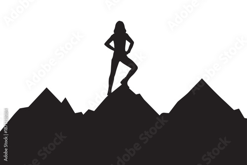 Empowered woman silhouette standing triumphantly on a majestic mountain peak, a powerful symbol of overcoming challenges, achieving personal goals, and reaching the pinnacle of success and leadership