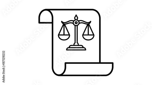 Scales of justice on a rolled parchment a simple black and white line graphic