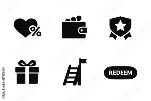 Minimalist icon set featuring heart wallet badge and more