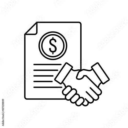 Icon a Liability handshake dollar paper document agreement commitment, isolated against a clean background.