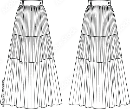 PrintWomen pleated tiered maxi skirt technical flat sketch, accordion pleat long skirt template, fashion illustration, front and back view, vector.