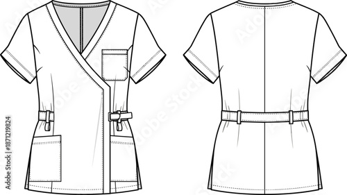 PrintWomen wrap medical scrub top technical flat sketch, v-neck nursing uniform blouse template, healthcare apparel fashion illustration, front back view, vector.