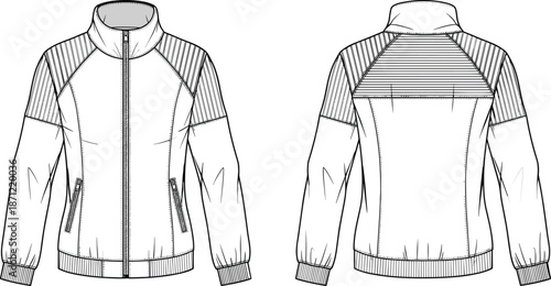 PrintWomen zip up track jacket technical flat sketch, raglan sleeve activewear bomber template, fashion illustration, front and back view, vector.
