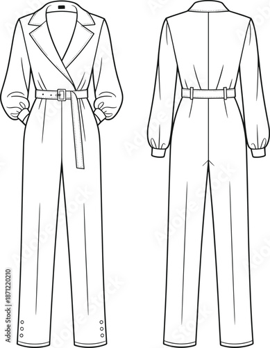 PrintWomen's fashion technical sketch of a long sleeve jumpsuit featuring notched lapels, belted waist, bishop sleeves, and straight leg trousers.
