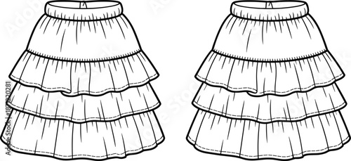 PrintWomen's fashion technical sketch of a tiered ruffle mini skirt featuring three layers, elastic waistband, gathered fabric, and flared silhouette.