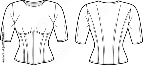 PrintWomen's short sleeve corset top technical fashion flat sketch, paneled bodice with scoop neckline template, front and back view vector.