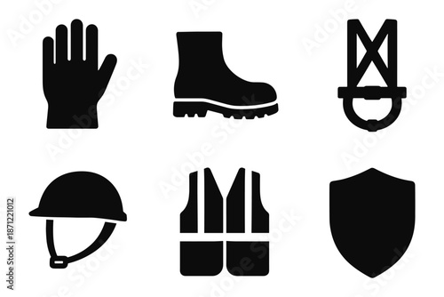Essential safety equipment icons set in bold silhouette style for workplace safety