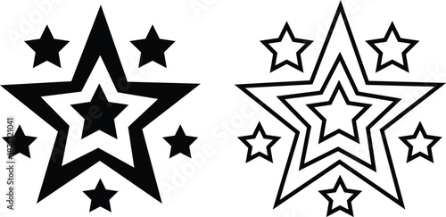 Star icon set in flat and line style, sparkle and shooting star symbols with silhouette and outline shapes, minimal celestial vector illustration collection