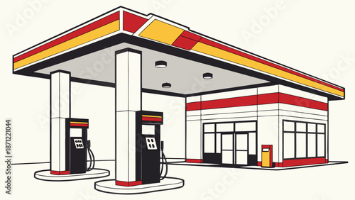 3D-rendered gas station with vibrant canopy, four fuel pumps, "SHOP" store, and exterior vending machines, all on a white background.