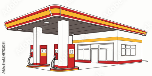 Realistic 3D gas station with bright red canopy, dual pumps, shop, ice and vending machines, and landscaping against white background.
