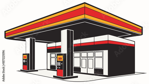 3D-rendered modern gas station with vibrant canopy, fuel pumps, convenience store, vending machines, and landscaped surroundings on a white background.
