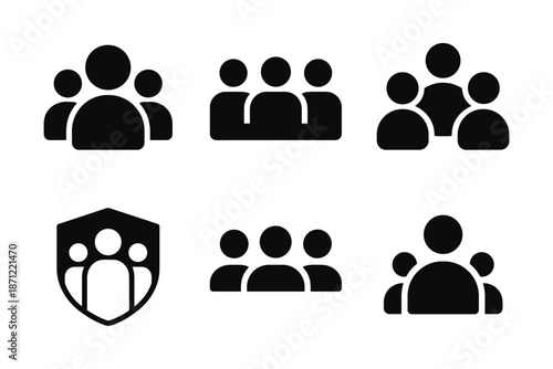 Set of black silhouette group icons for teamwork and collaboration concepts