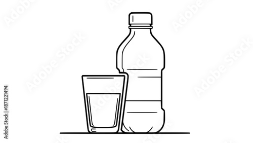 Vector of water bottle and glass, healthy hydration concept, simple line icon, isolated