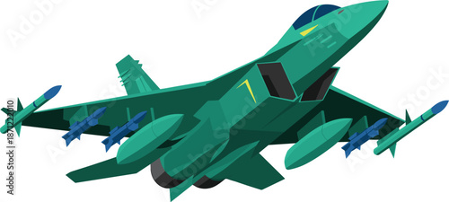 Stylized green military jet vector in flight with missiles and number marking, representing combat aircraft, tactical aviation, and defense technology.