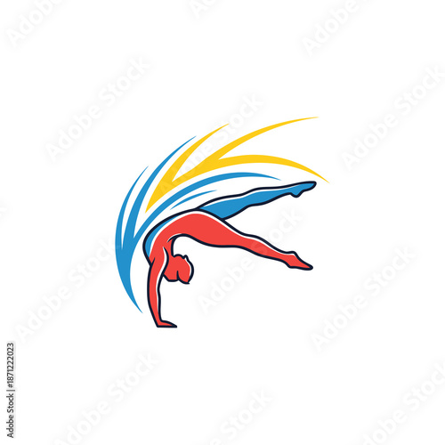 Cartoon gymnast performing handstand with motion.