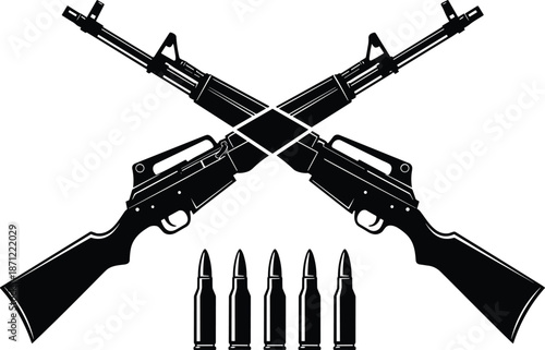Crossed assault rifles with ammunition silhouette illustration, military weapon concept, symmetrical firearm design with bullets, black vector icon isolated on white background.