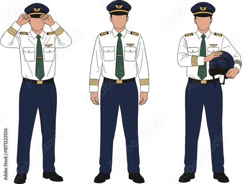 Commercial airline pilot uniform vector illustration set showing standing poses, professional aviation crew character design, detailed flight captain outfit, isolated on white background.